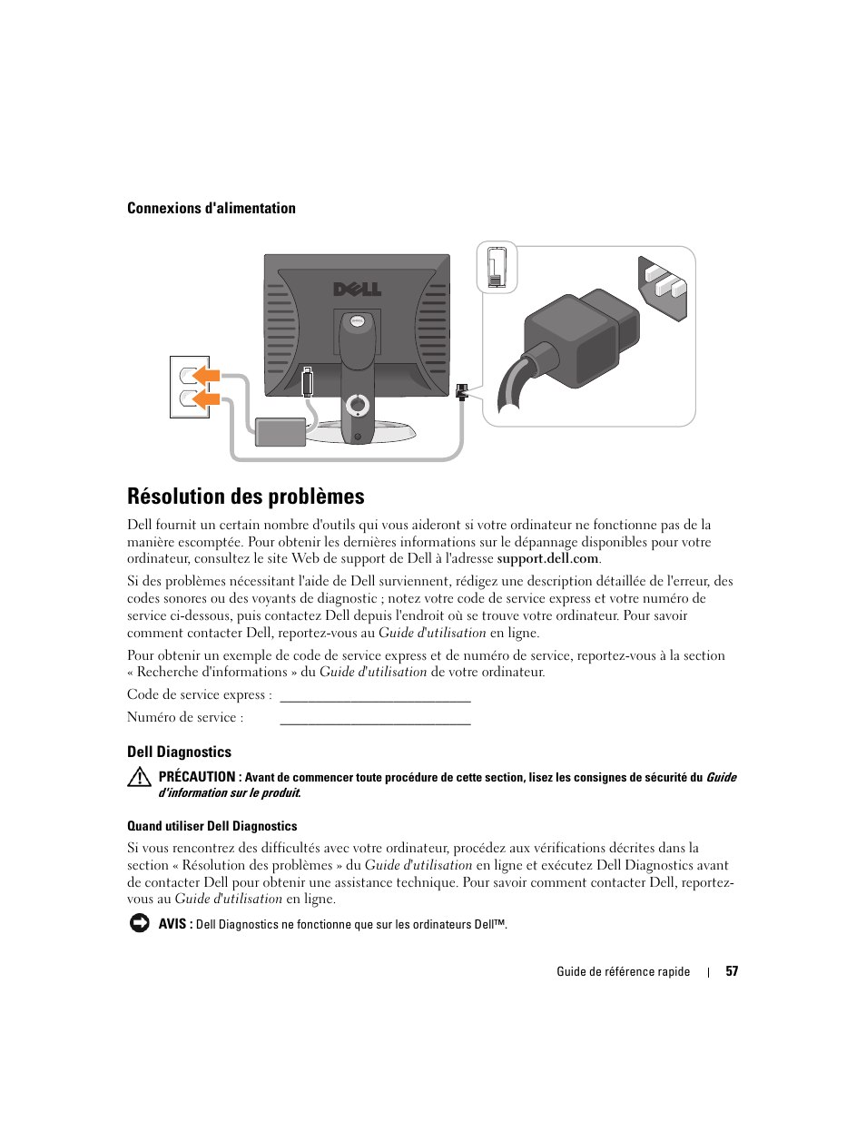 Connexions d'alimentation, Résolution des problèmes, Dell diagnostics | Dell OptiPlex 745c (Early 2007) User Manual | Page 57 / 110