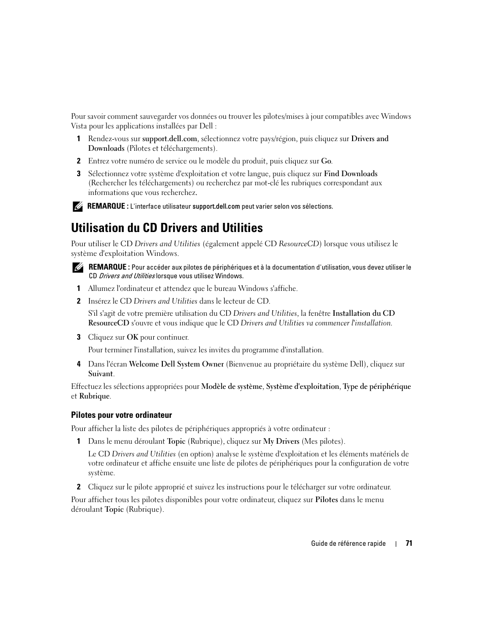 Utilisation du cd drivers and utilities, Pilotes pour votre ordinateur | Dell OptiPlex 745c (Early 2007) User Manual | Page 71 / 110