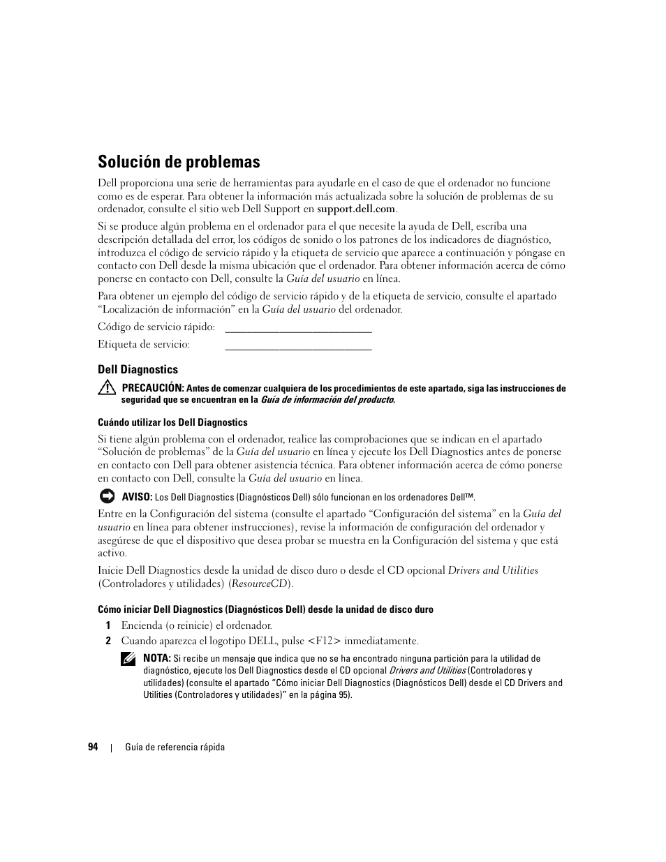 Solución de problemas, Dell diagnostics | Dell OptiPlex 745c (Early 2007) User Manual | Page 94 / 110