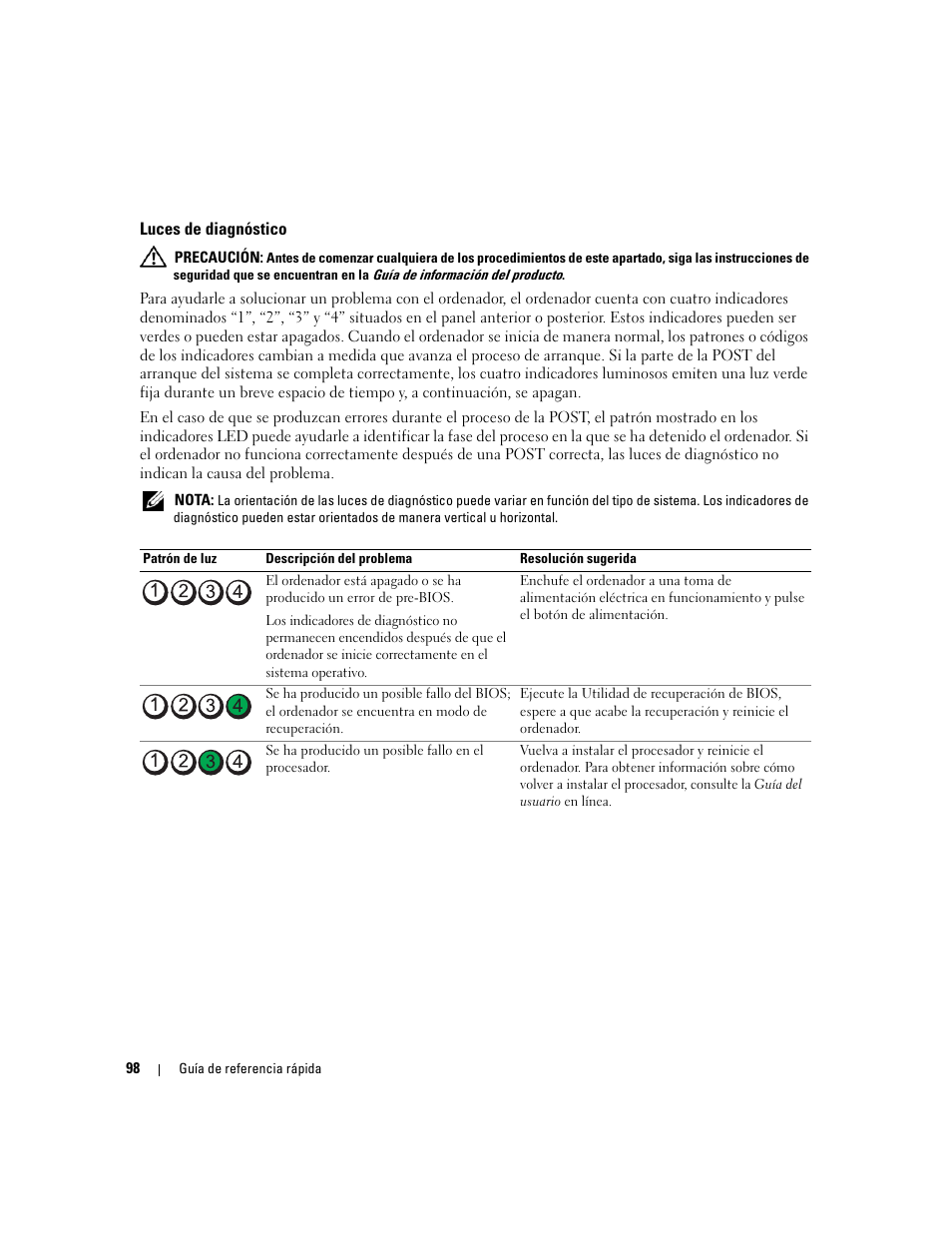 Luces de diagnóstico | Dell OptiPlex 745c (Early 2007) User Manual | Page 98 / 110