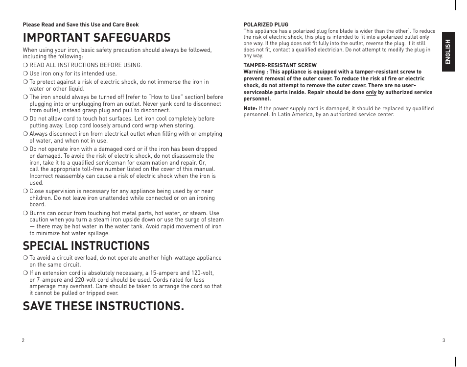 Important safeguards, Special instructions, Save these instructions | Black & Decker IM305 User Manual | Page 2 / 9