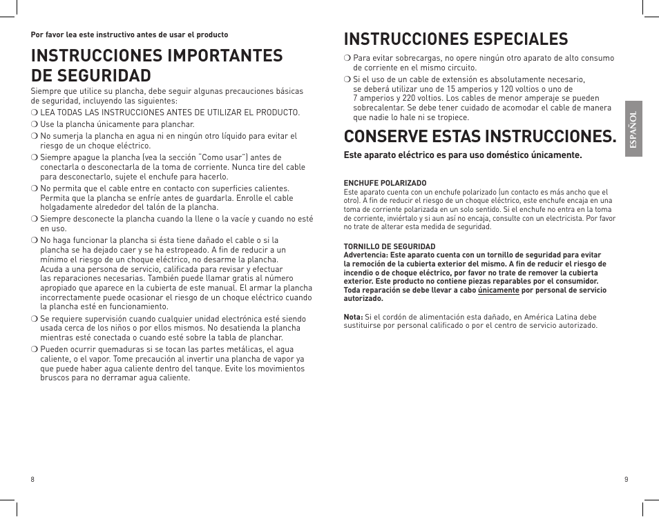 Instrucciones importantes de seguridad, Instrucciones especiales, Conserve estas instrucciones | Black & Decker IM305 User Manual | Page 5 / 9