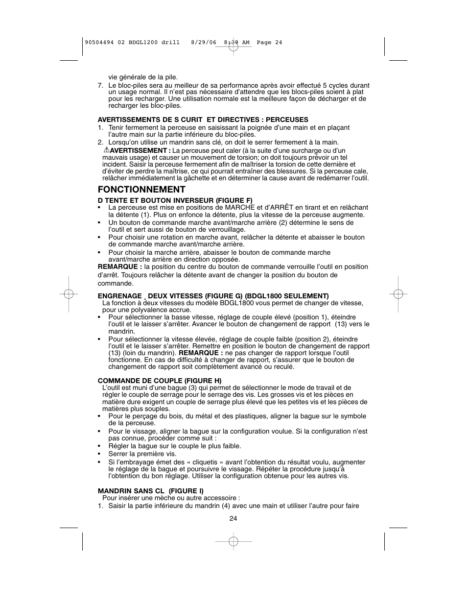 Fonctionnement | Black & Decker 90504494 User Manual | Page 24 / 44