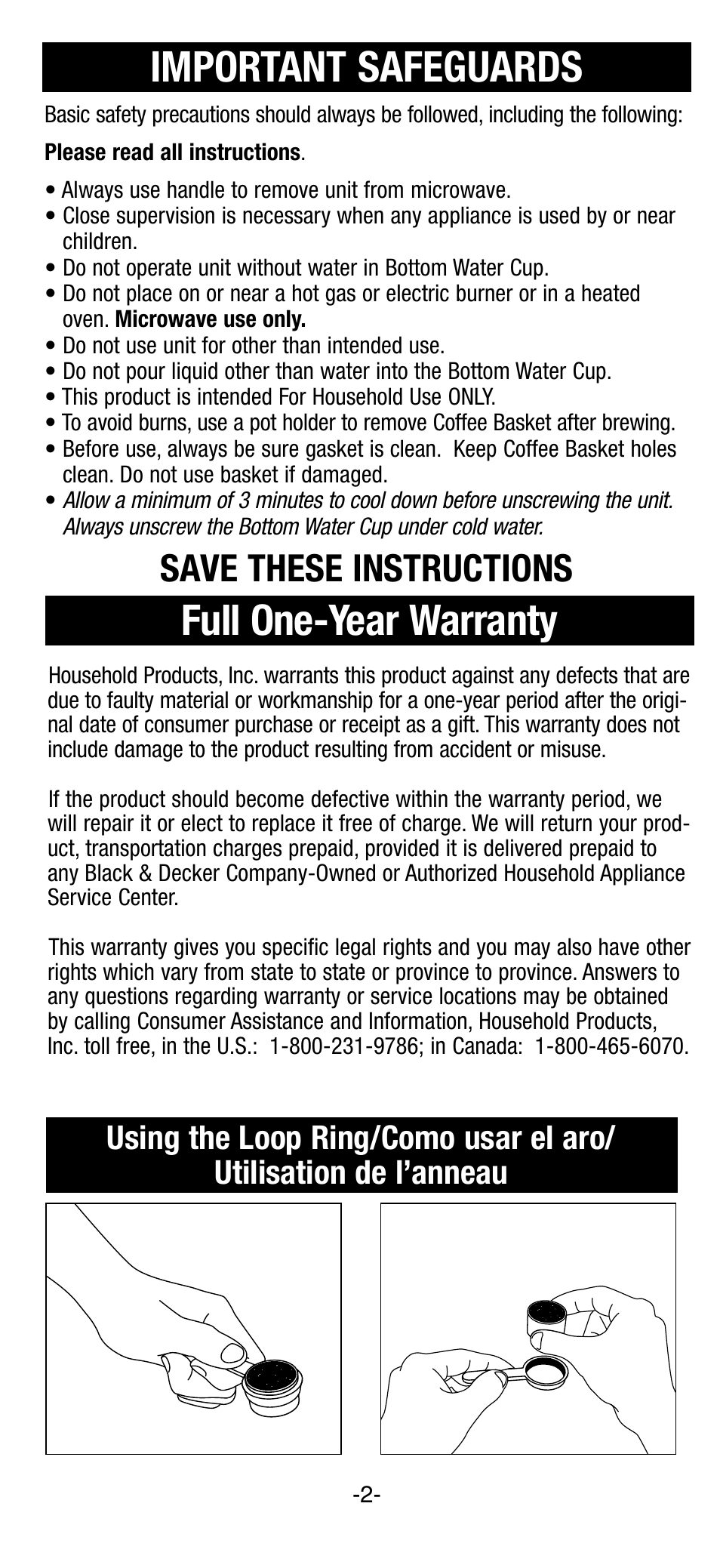 Safegaurds, Warranty, Important safeguards | Full one-year warranty, Save these instructions | Black & Decker EE100 User Manual | Page 2 / 8