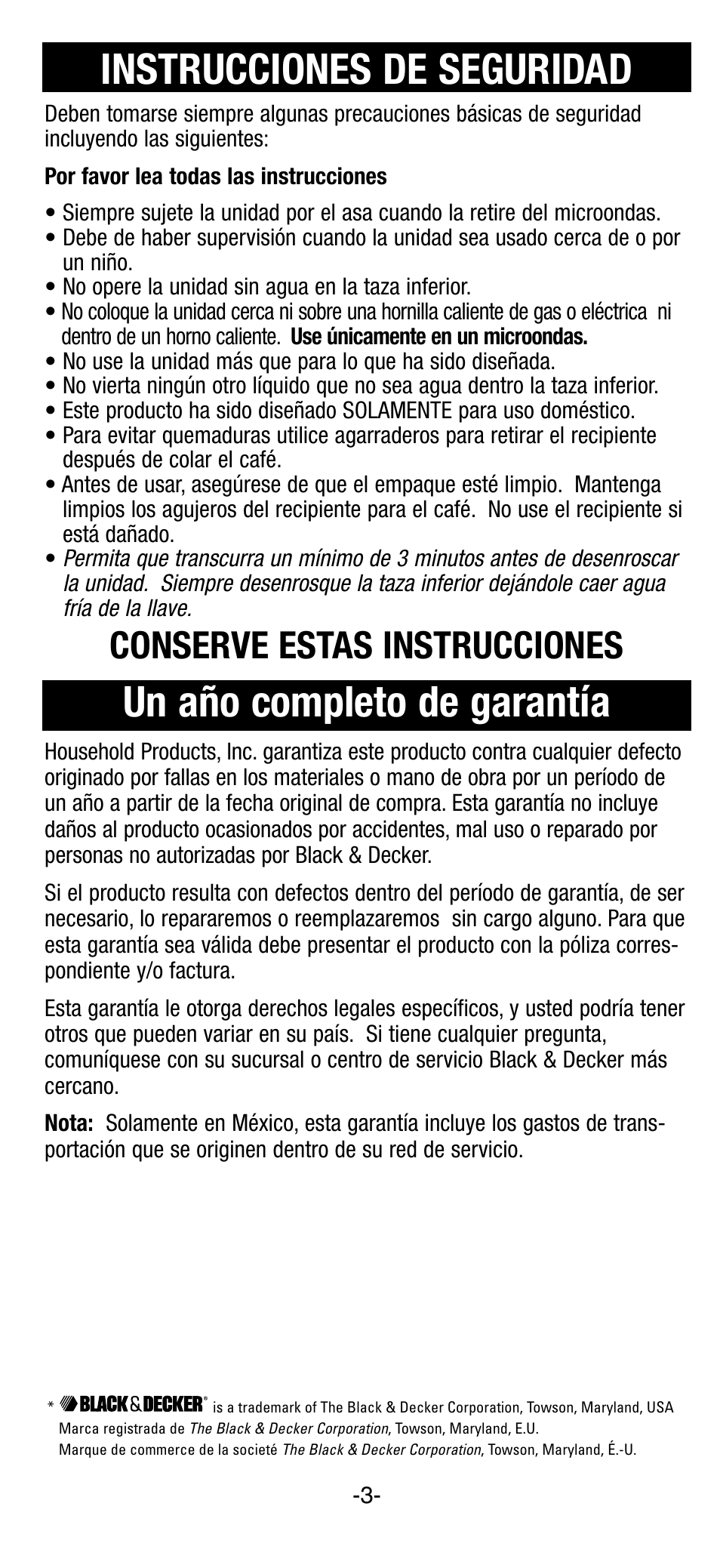 Instrucciones, Garantia, Instrucciones de seguridad | Un año completo de garantía, Conserve estas instrucciones | Black & Decker EE100 User Manual | Page 3 / 8