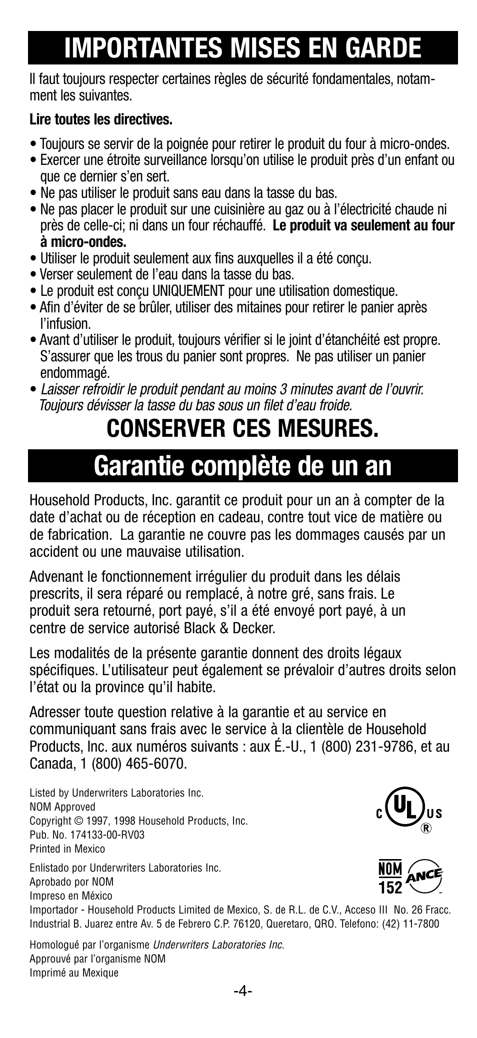 Mises en garde, Garantie, Importantes mises en garde | Garantie complète de un an, Conserver ces mesures | Black & Decker EE100 User Manual | Page 4 / 8