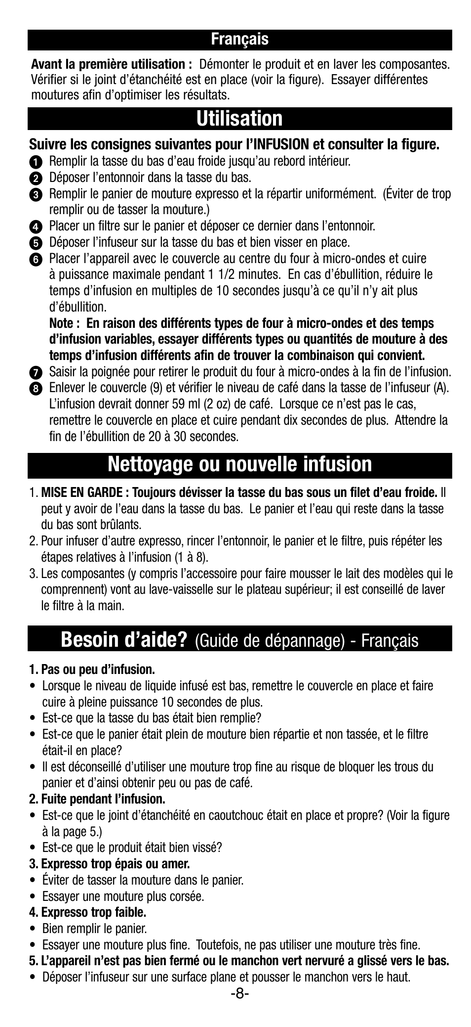 Utilisation, Nettoyage ou nouvelle infusion, Besoin d’aide | Guide de dépannage) - français, Français | Black & Decker EE100 User Manual | Page 8 / 8