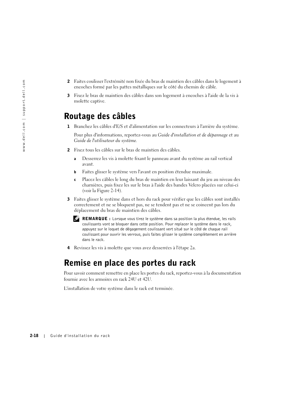 Routage des câbles, Remise en place des portes du rack, Routage des câbles -18 | Remise en place des portes du rack -18 | Dell PowerEdge 2600 User Manual | Page 46 / 124