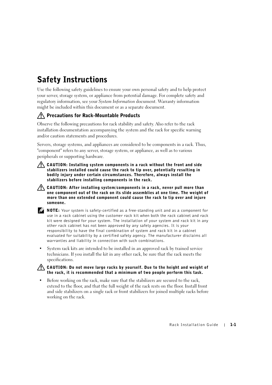 Safety instructions, J\ precautions for rack-mountable products, Safety instructions -1 | Dell PowerEdge 2600 User Manual | Page 5 / 124