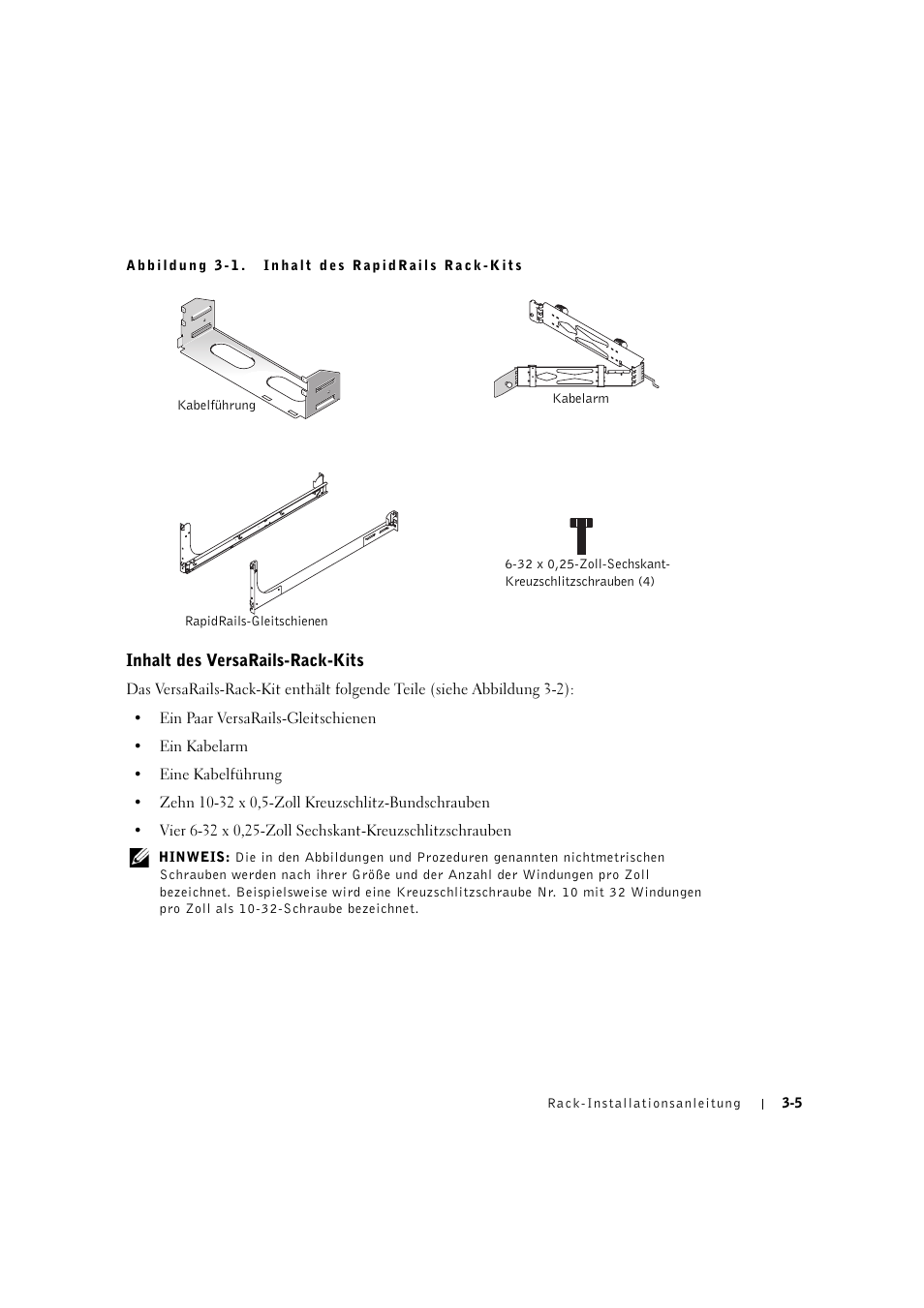 Inhalt des versarails-rack-kits, Inhait des versaraiis-rack-kits -5 | Dell PowerEdge 2600 User Manual | Page 57 / 124