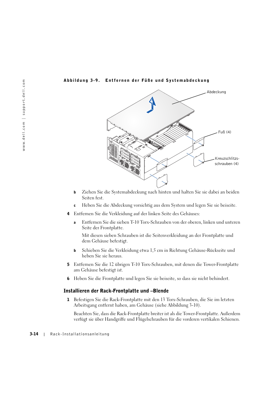 Installieren der rack-frontplatte und -blende, Instaiiieren der rack-frontpiatte und -biende -14 | Dell PowerEdge 2600 User Manual | Page 66 / 124