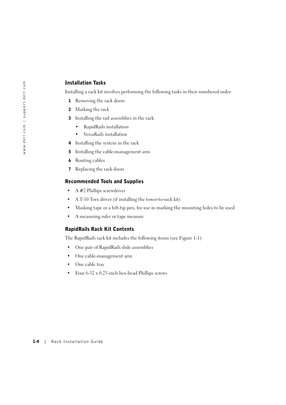 Installation tasks, Recommended tools and supplies, Rapidrails rack kit contents | Installation tasks -4, Recommended tools and supplies -4, Rapidrails rack kit contents -4 | Dell PowerEdge 2600 User Manual | Page 8 / 124