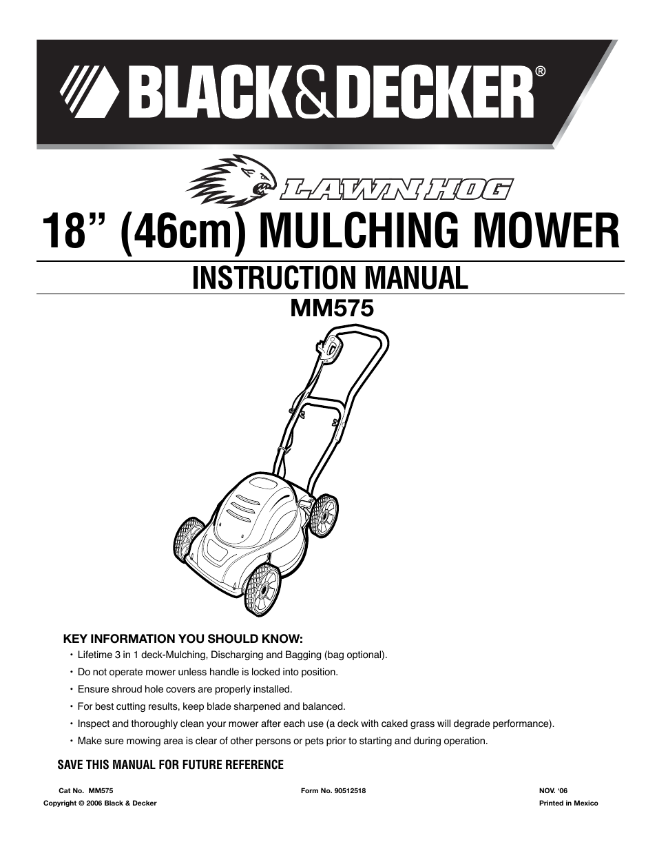 Black & Decker 18" (46cm) Mulching Mower MM575 User Manual | 23 pages