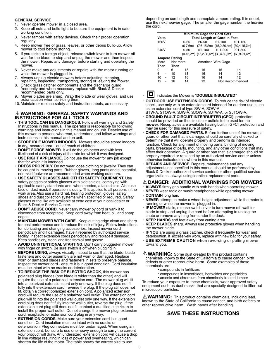 Save these instructions, Danger: additional warnings for mowers, Warning | Black & Decker 18" (46cm) Mulching Mower MM575 User Manual | Page 3 / 23