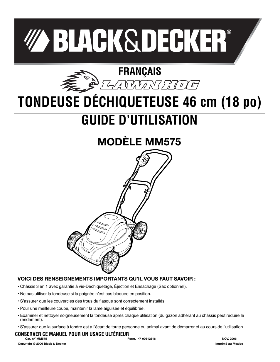 Tondeuse déchiqueteuse 46 cm (18 po), Guide d’utilisation, Français modèle mm575 | Black & Decker 18" (46cm) Mulching Mower MM575 User Manual | Page 8 / 23