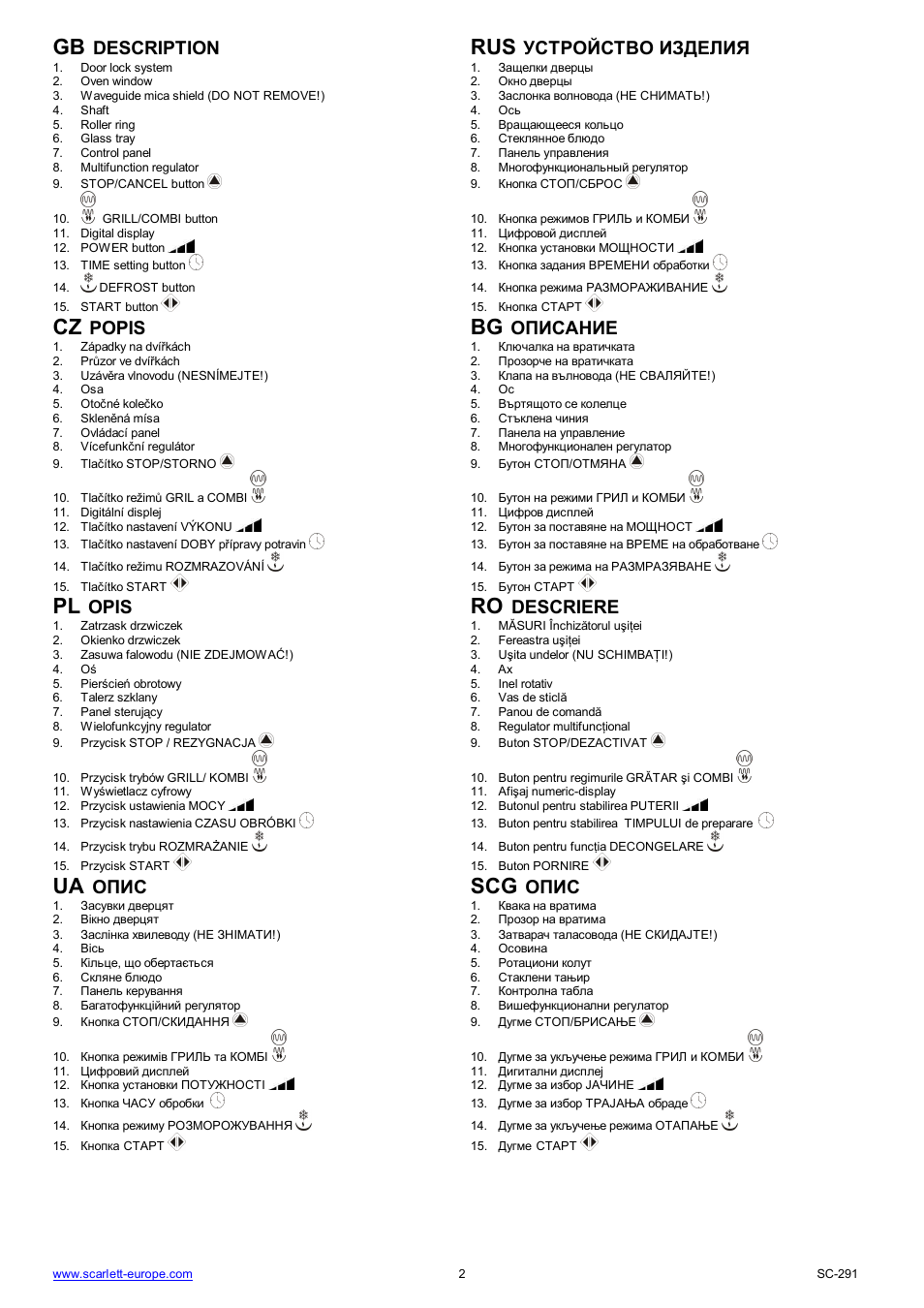 Ua scg, Description, Popis | Opis, Descriere | Scarlett SC-291 User Manual | Page 2 / 41