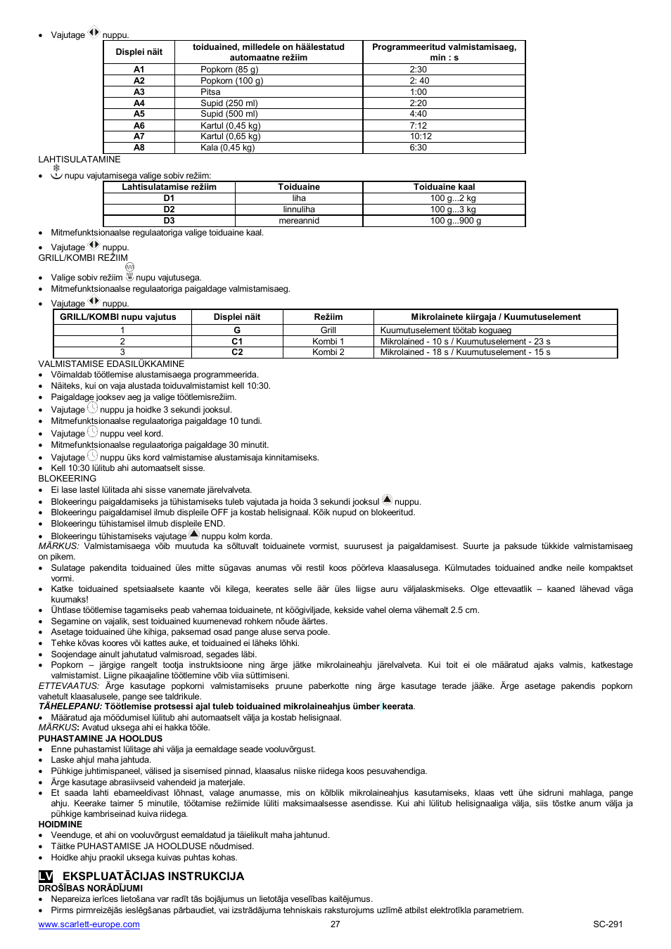 Lv ekspluat cijas instrukcija | Scarlett SC-291 User Manual | Page 27 / 41
