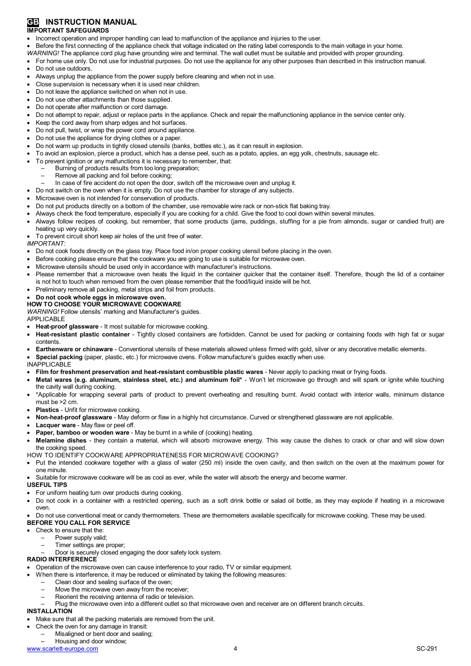 Gb instruction manual | Scarlett SC-291 User Manual | Page 4 / 41