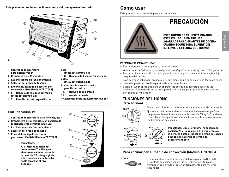 Precaución, Como usar, Funciones del horno | Black & Decker TRO700W User Manual | Page 9 / 15