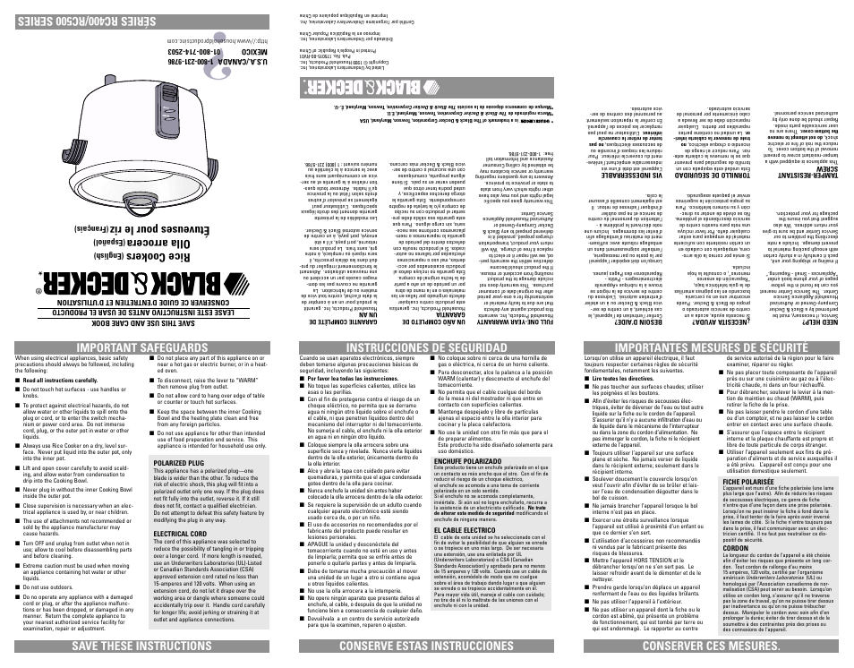 Safegaurds, Save these instructions, Rice cookers | Olla arrocera, Étuveuses pour le riz | Black & Decker RC400/RC500 User Manual | Page 2 / 7