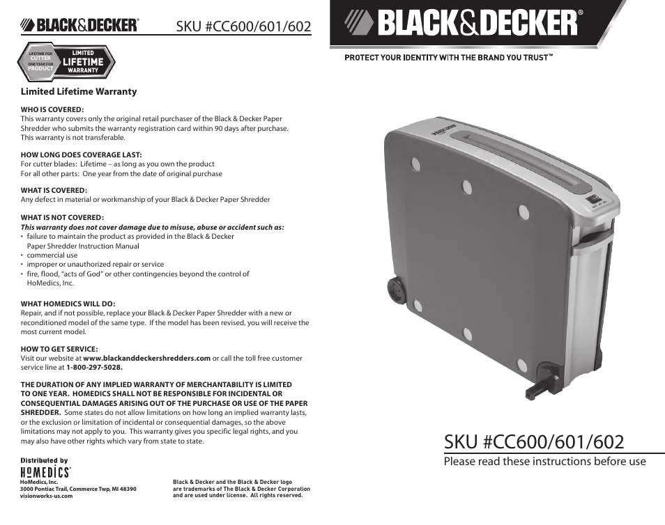 Black & Decker Paper Shredder CC601 User Manual | 2 pages