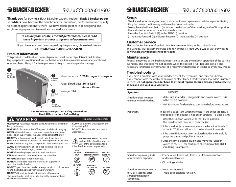 Please read these instructions before use, Setup, Customer service | Maintenance, Troubleshooting, Lifetime, Limited lifetime warranty, Product information | Black & Decker Paper Shredder CC601 User Manual | Page 2 / 2