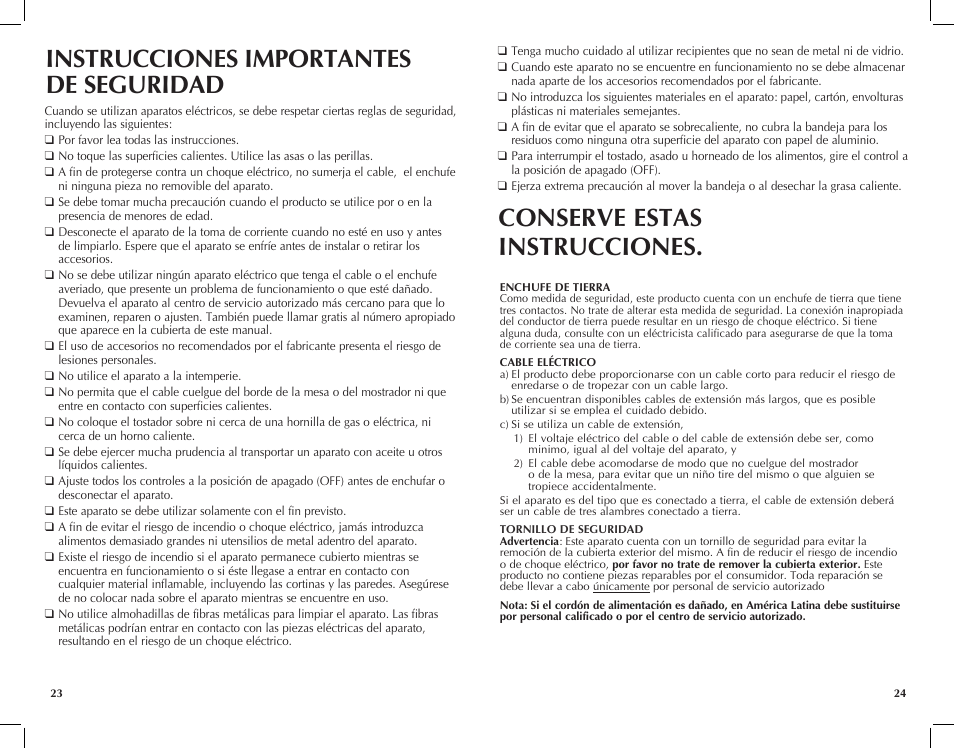 Instrucciones importantes de seguridad, Conserve estas instrucciones | Black & Decker Perfect Broil CTO4550SD User Manual | Page 13 / 39