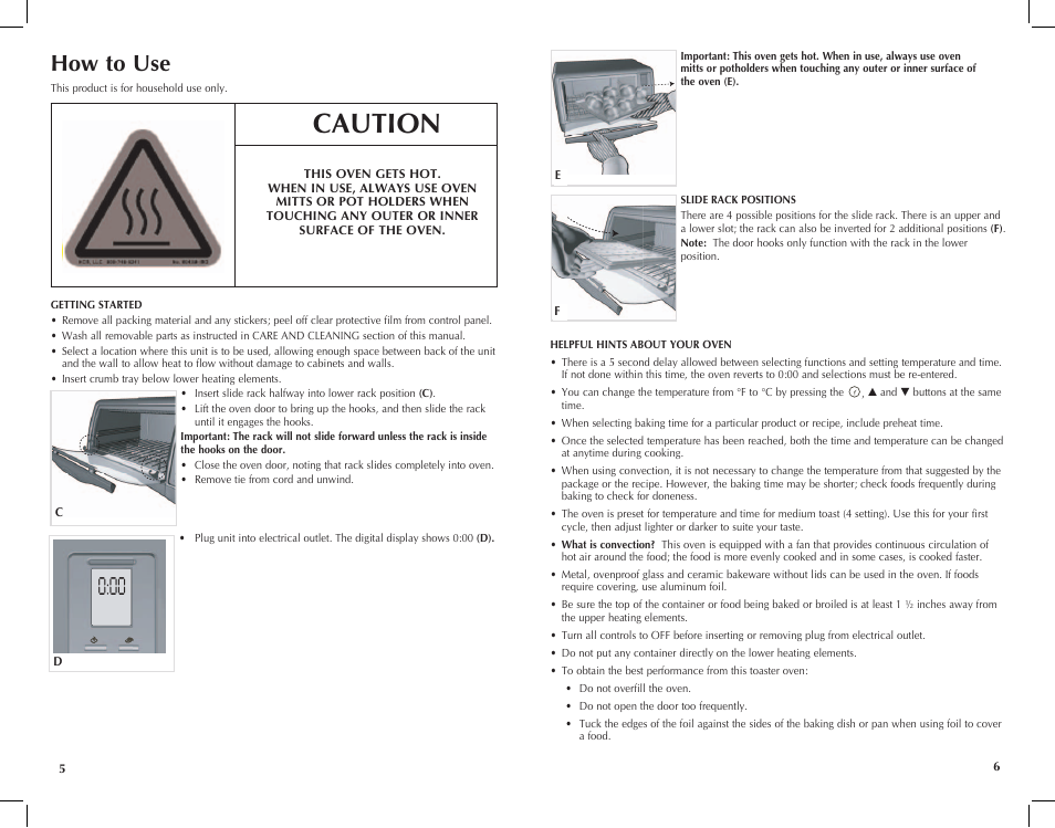 Caution, How to use | Black & Decker Perfect Broil CTO4550SD User Manual | Page 4 / 39