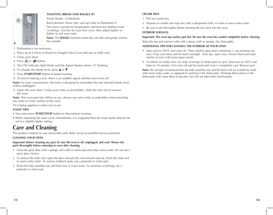 Care and cleaning | Black & Decker Perfect Broil CTO4550SD User Manual | Page 8 / 39