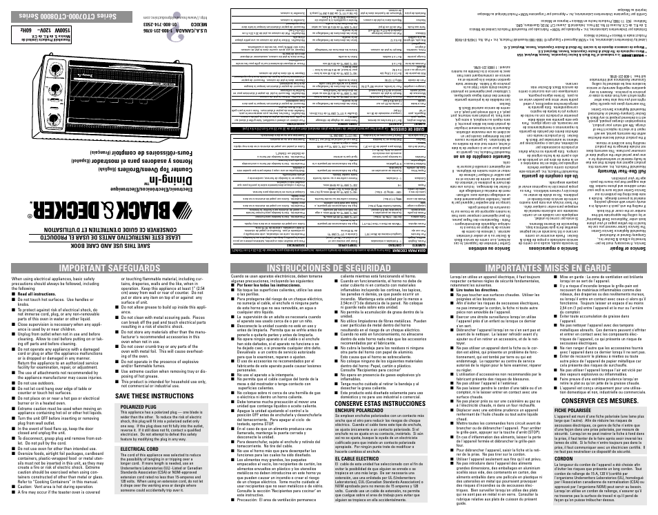 Safegaurds, Counter top ovens/broilers, English) | Dining-in, Save these instructions, Hornos y asadores para el mostrador, Fours-rô tissoires de comptoir, Conserve estas instrucciones, Conserver ces mesures | Black & Decker CTO7000 User Manual | Page 2 / 7