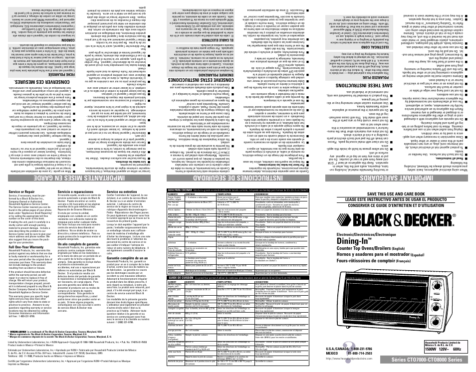 Guide de cuisson, Dining-in, Save these instructions | Counter top ovens/broilers, Hornos y asadores para el mostrador, Fours-rôtissoires de comptoir, Conserve estas instrucciones, Conserver ces mesures | Black & Decker CTO7000 User Manual | Page 6 / 7