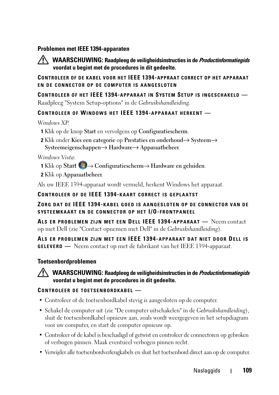 Waarschuwing, Start | Dell Precision T5400 (Late 2007) User Manual | Page 109 / 394