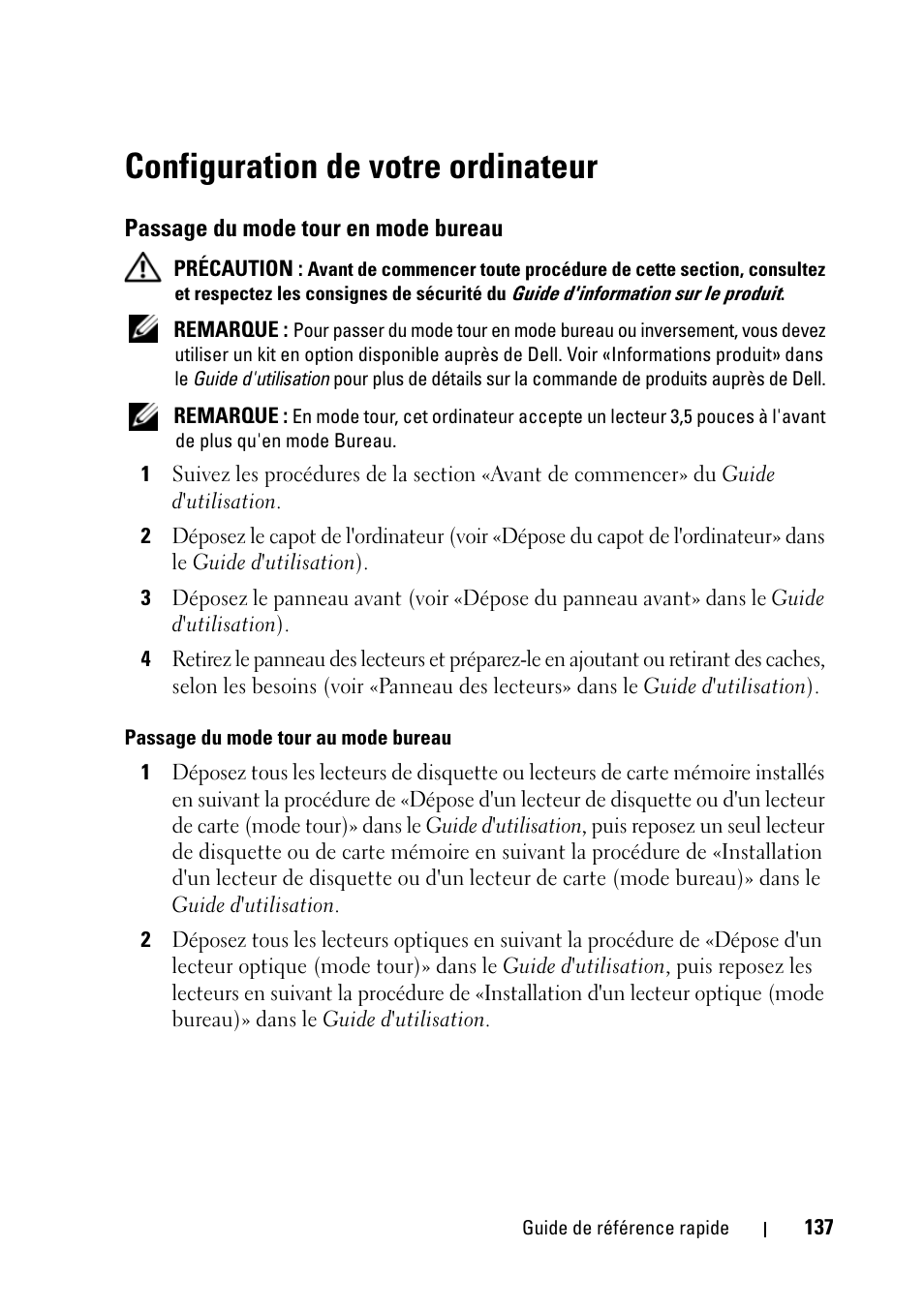 Configuration de votre ordinateur, Passage du mode tour en mode bureau | Dell Precision T5400 (Late 2007) User Manual | Page 137 / 394