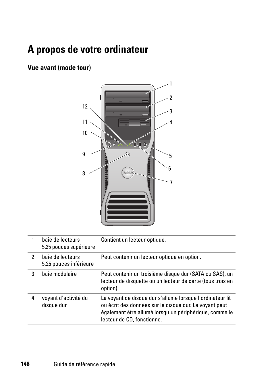 A propos de votre ordinateur, Vue avant (mode tour) | Dell Precision T5400 (Late 2007) User Manual | Page 146 / 394