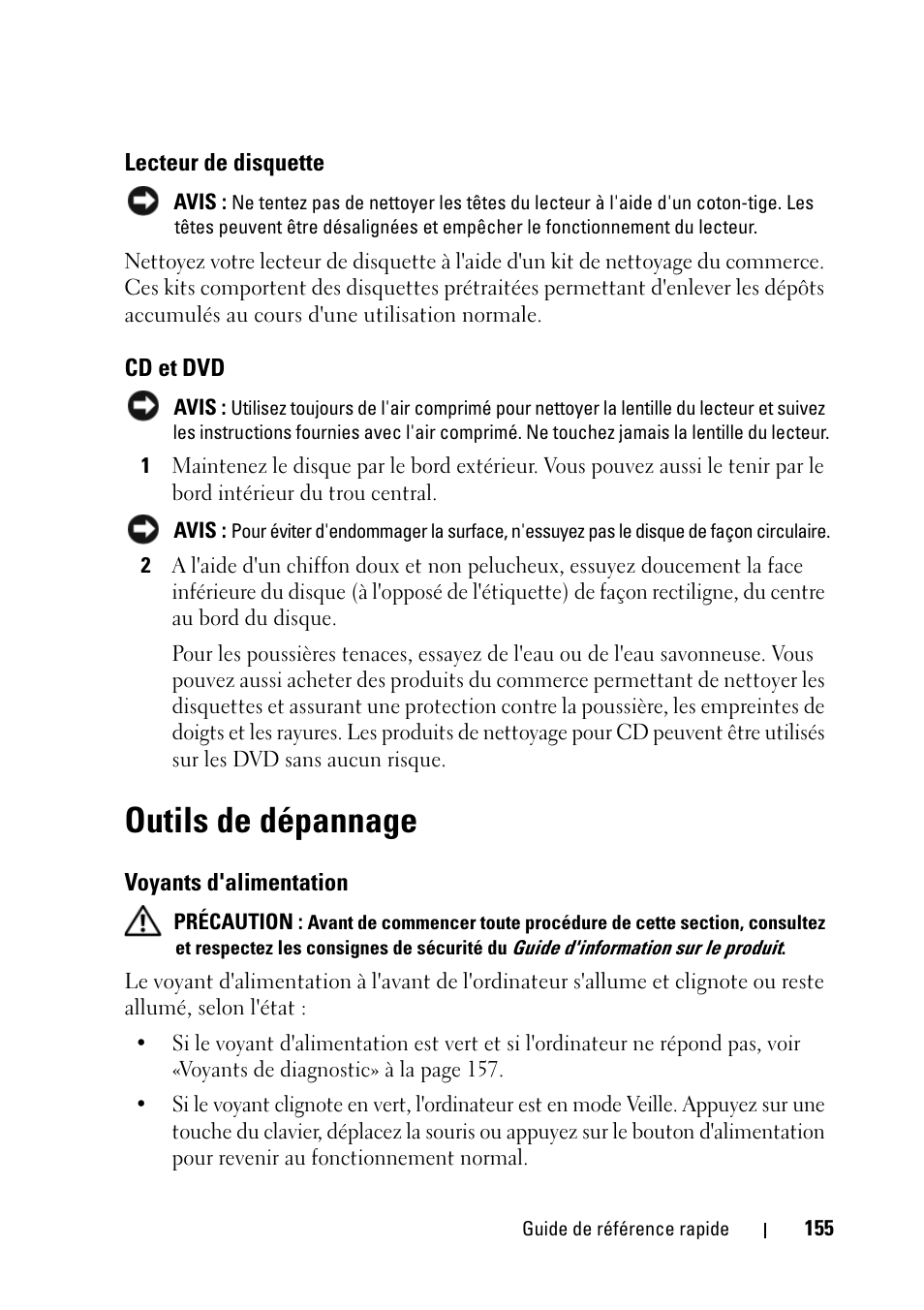 Lecteur de disquette, Cd et dvd, Outils de dépannage | Voyants d'alimentation | Dell Precision T5400 (Late 2007) User Manual | Page 155 / 394