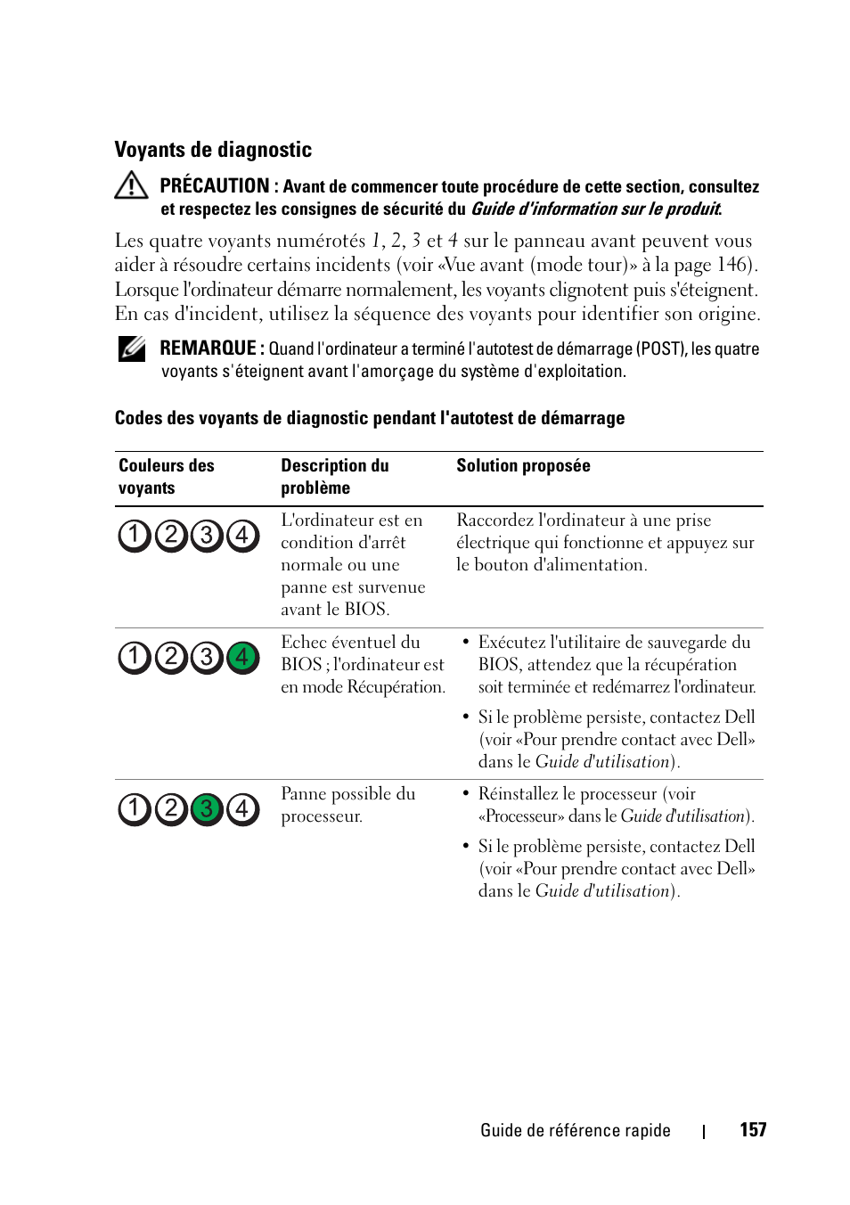Voyants de diagnostic | Dell Precision T5400 (Late 2007) User Manual | Page 157 / 394