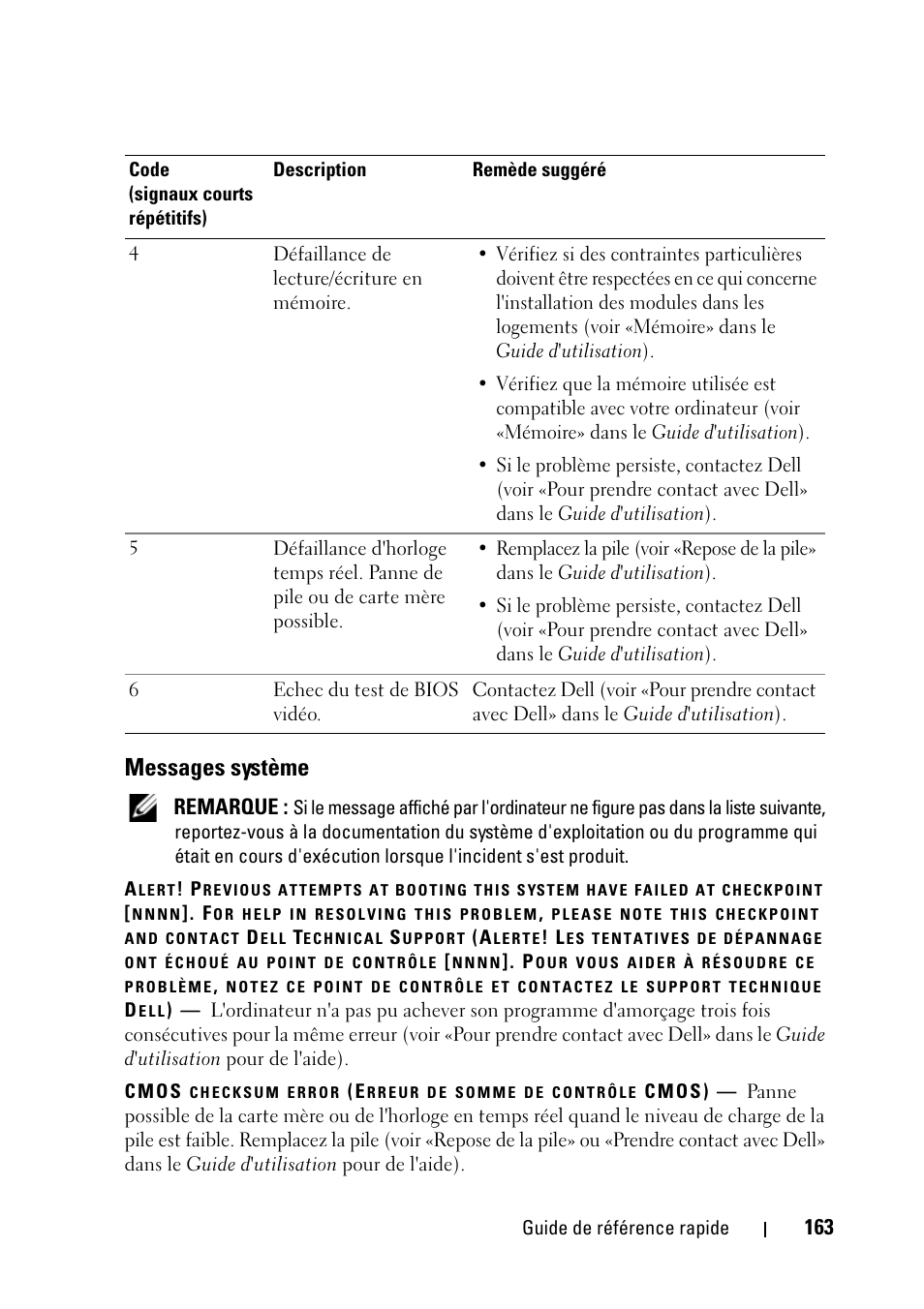 Messages système, Remarque | Dell Precision T5400 (Late 2007) User Manual | Page 163 / 394