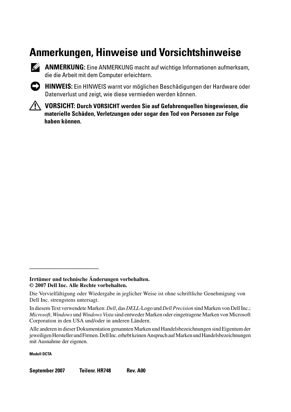 Anmerkungen, hinweise und vorsichtshinweise | Dell Precision T5400 (Late 2007) User Manual | Page 194 / 394