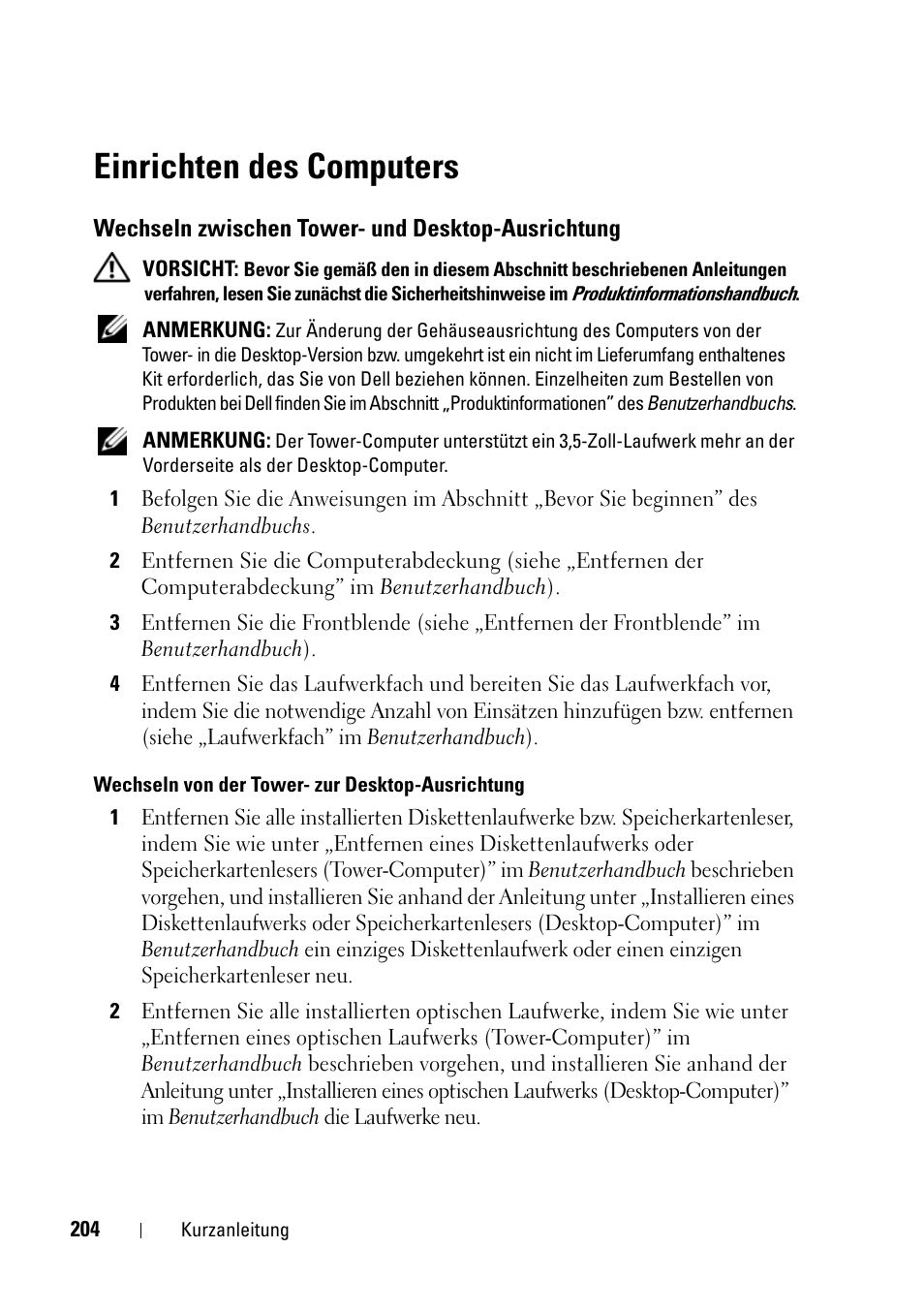 Einrichten des computers, Wechseln zwischen tower- und desktop-ausrichtung | Dell Precision T5400 (Late 2007) User Manual | Page 204 / 394