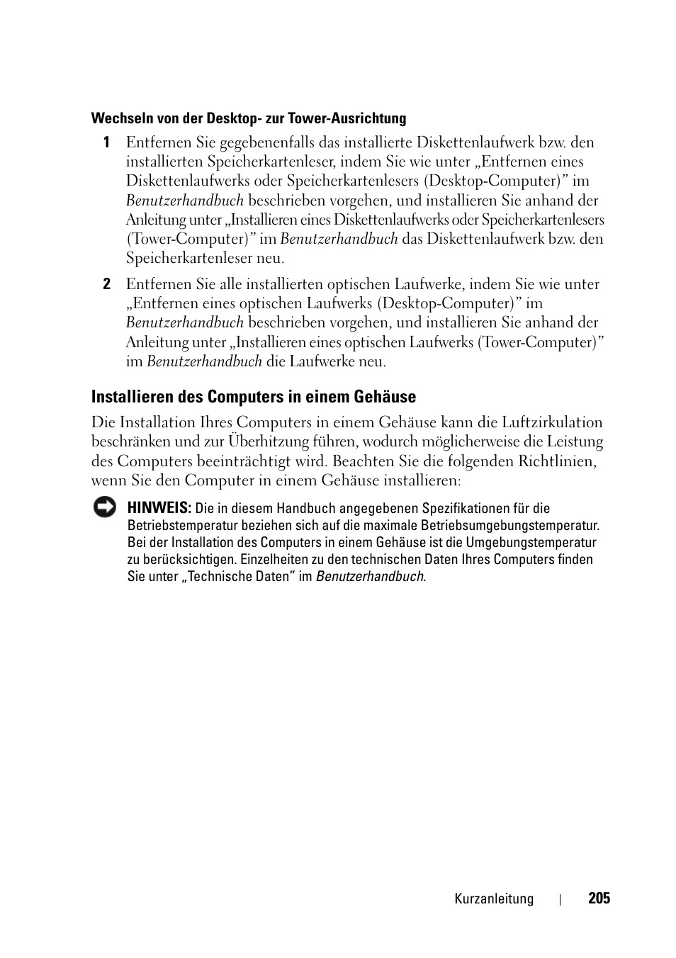Installieren des computers in einem gehäuse | Dell Precision T5400 (Late 2007) User Manual | Page 205 / 394