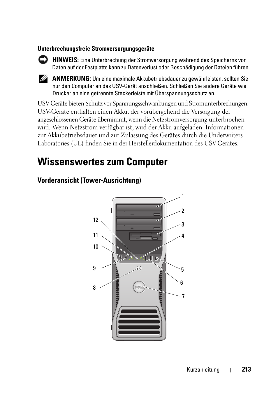 Wissenswertes zum computer, Vorderansicht (tower-ausrichtung) | Dell Precision T5400 (Late 2007) User Manual | Page 213 / 394
