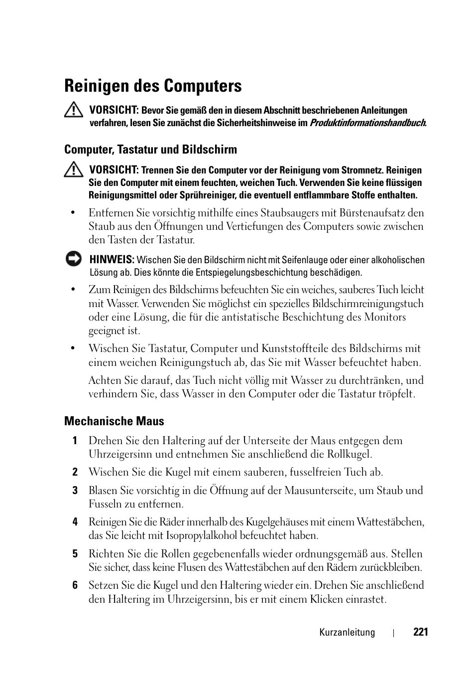 Reinigen des computers, Computer, tastatur und bildschirm, Mechanische maus | Dell Precision T5400 (Late 2007) User Manual | Page 221 / 394