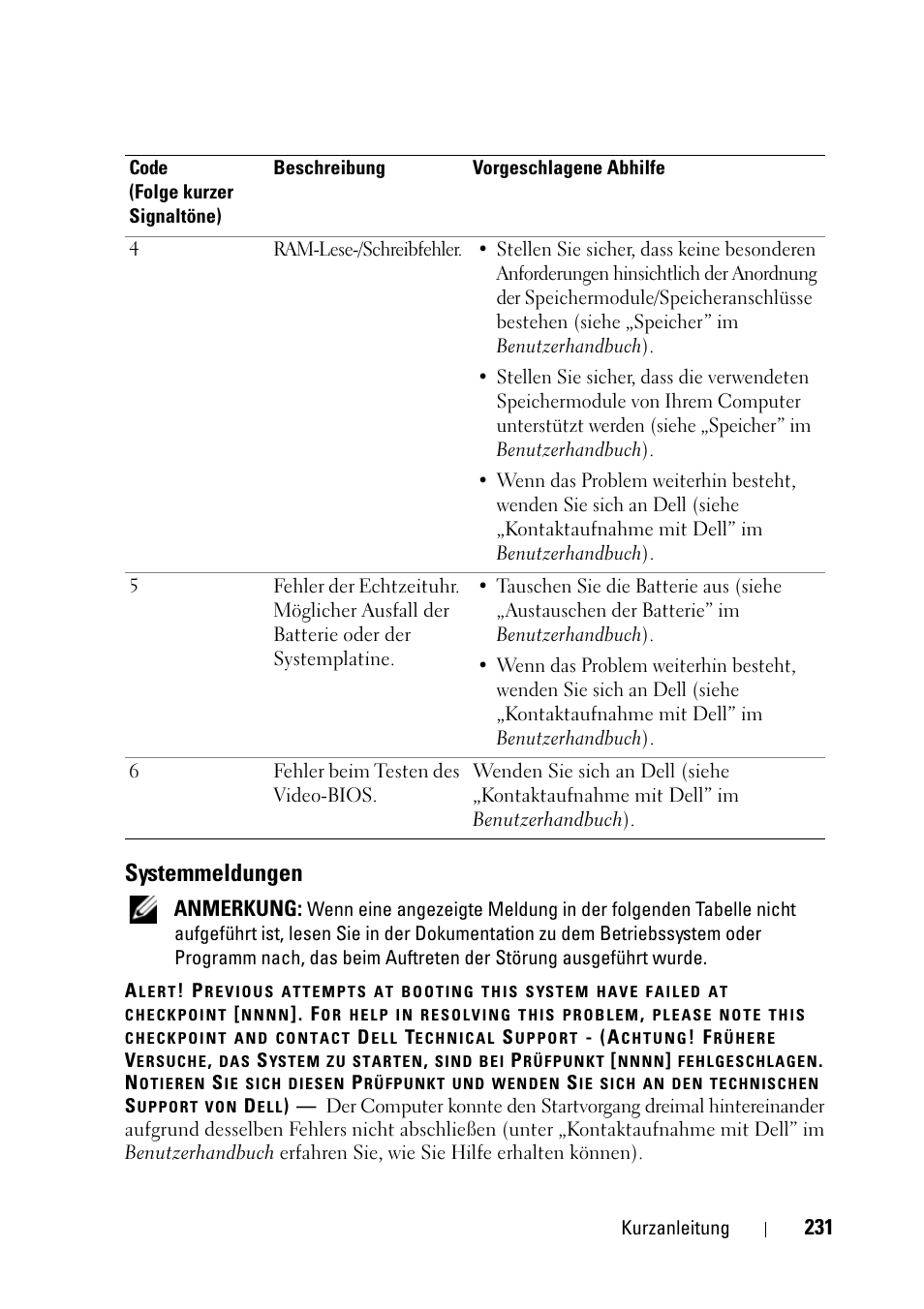 Systemmeldungen, Anmerkung | Dell Precision T5400 (Late 2007) User Manual | Page 231 / 394