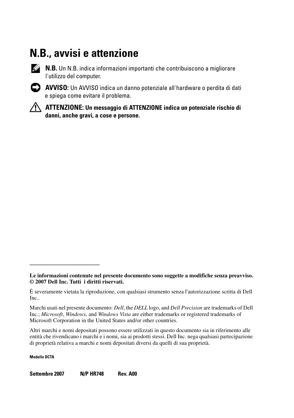 N.b., avvisi e attenzione | Dell Precision T5400 (Late 2007) User Manual | Page 264 / 394