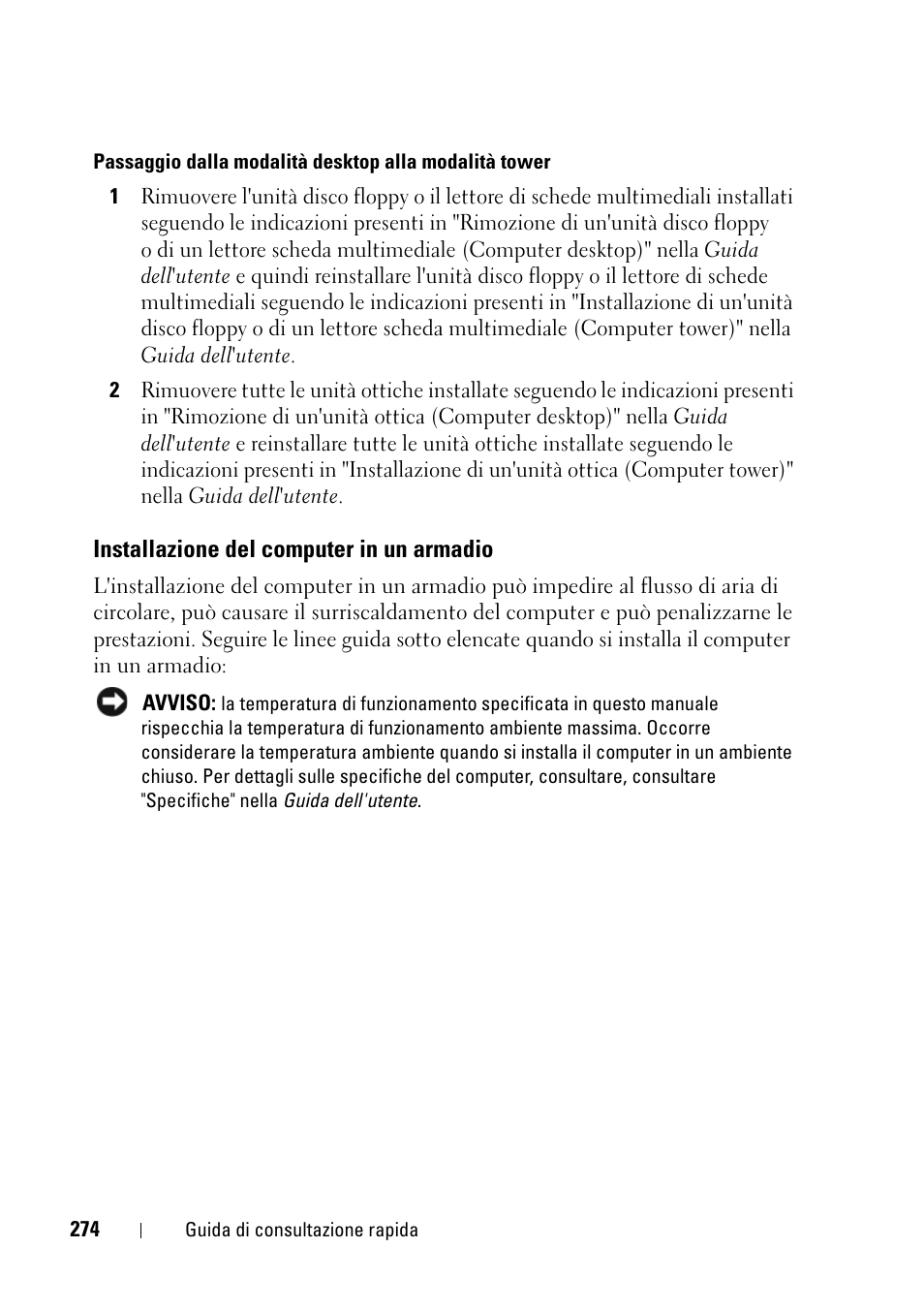 Installazione del computer in un armadio | Dell Precision T5400 (Late 2007) User Manual | Page 274 / 394