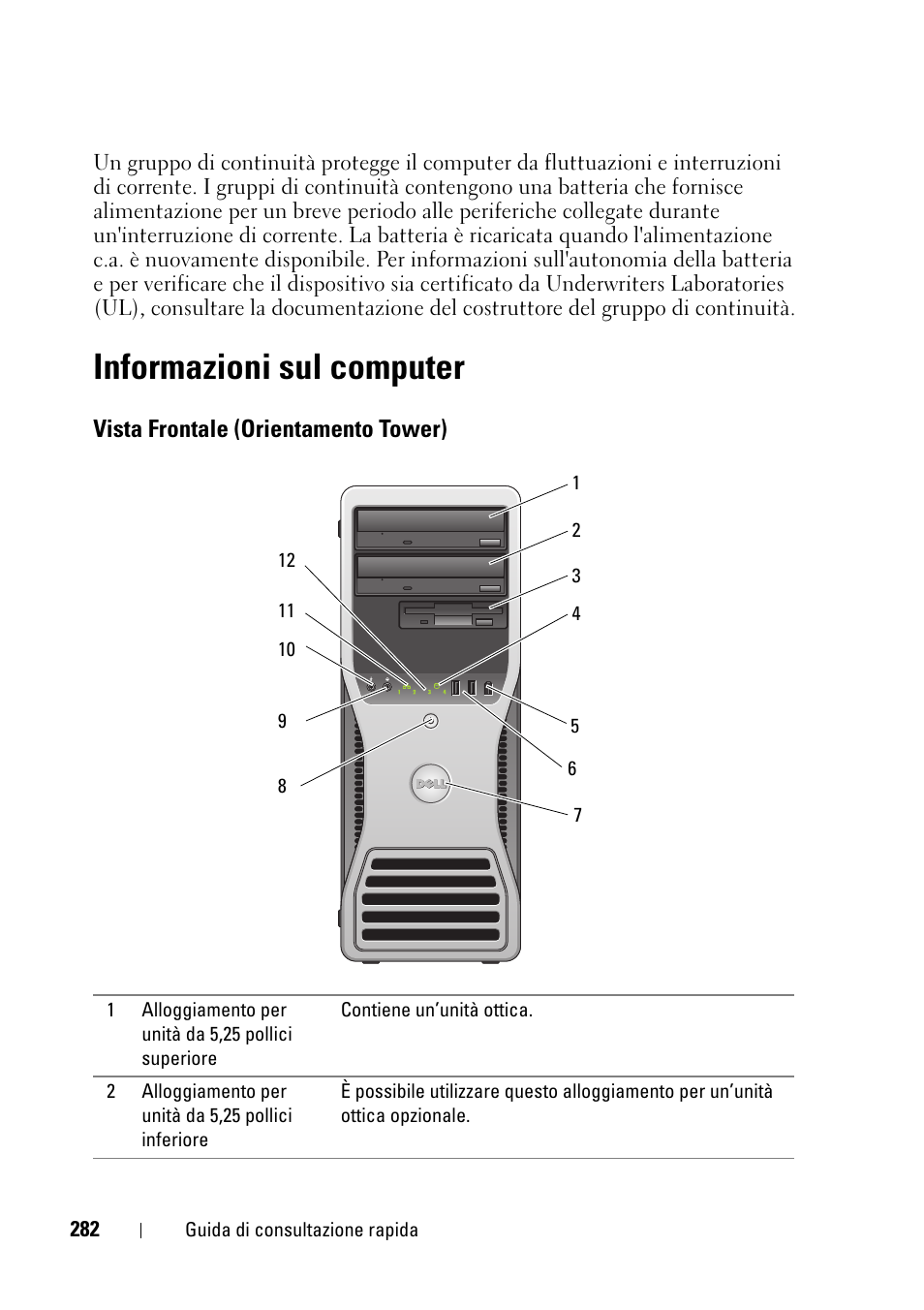 Informazioni sul computer, Vista frontale (orientamento tower) | Dell Precision T5400 (Late 2007) User Manual | Page 282 / 394