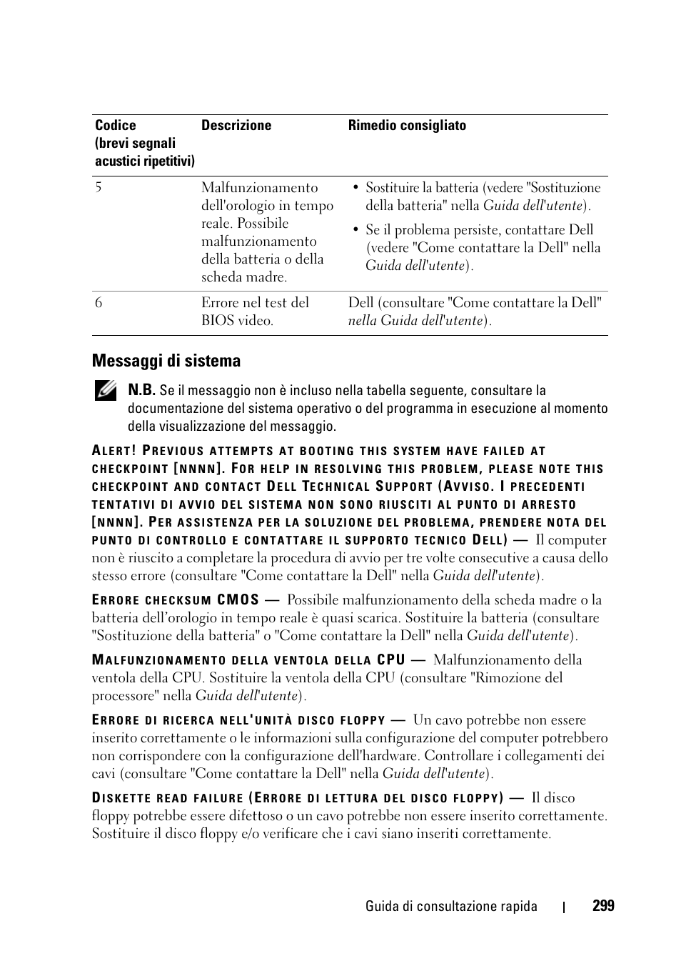 Messaggi di sistema | Dell Precision T5400 (Late 2007) User Manual | Page 299 / 394