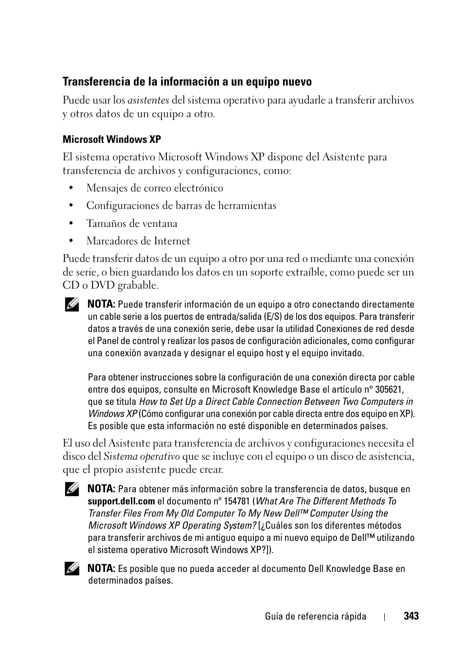 Transferencia de la información a un equipo nuevo | Dell Precision T5400 (Late 2007) User Manual | Page 343 / 394