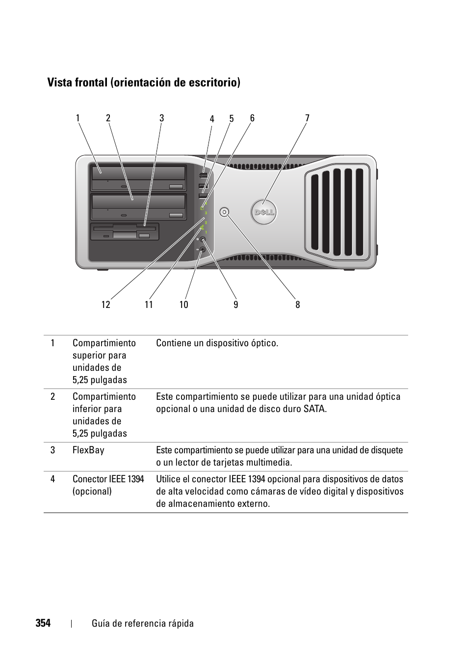 Vista frontal (orientación de escritorio) | Dell Precision T5400 (Late 2007) User Manual | Page 354 / 394