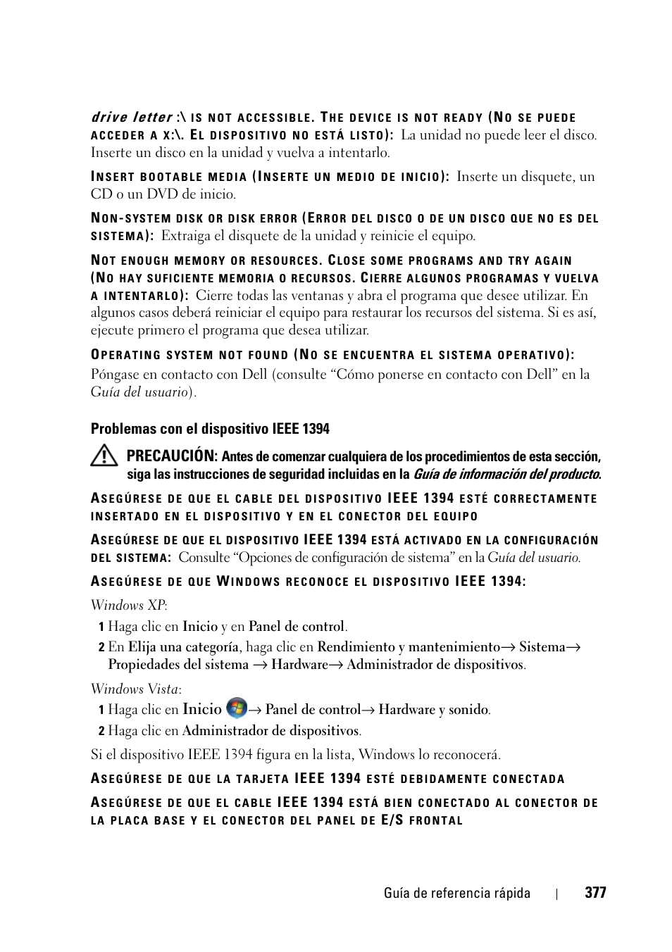 Precaución, Inicio | Dell Precision T5400 (Late 2007) User Manual | Page 377 / 394
